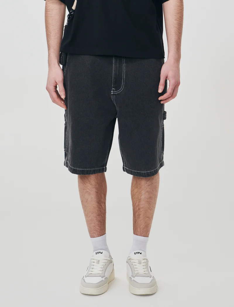Bermuda Jeans Carpenter Fit Nero Slavato - Nero