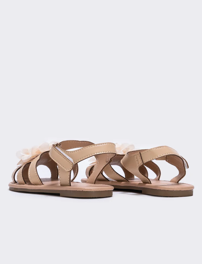 Sandalo beige con fiore in tulle da bambina - Beige