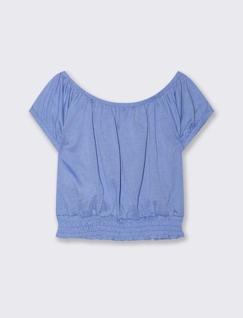 Top scollo a barca con elastico arricciato - Azzurro cielo