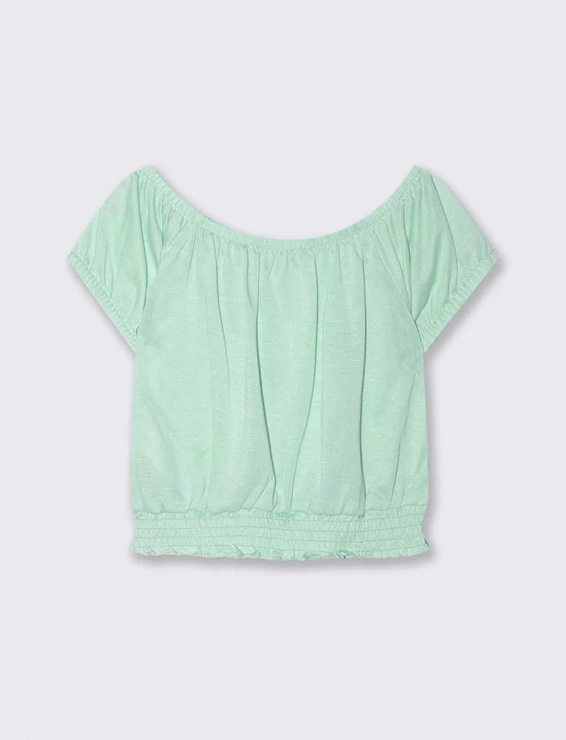 Top scollo a barca con elastico arricciato - Verde acqua