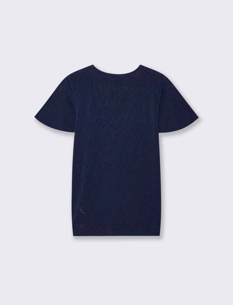T-Shirt Scollo a V con Manica a Volant - Blu