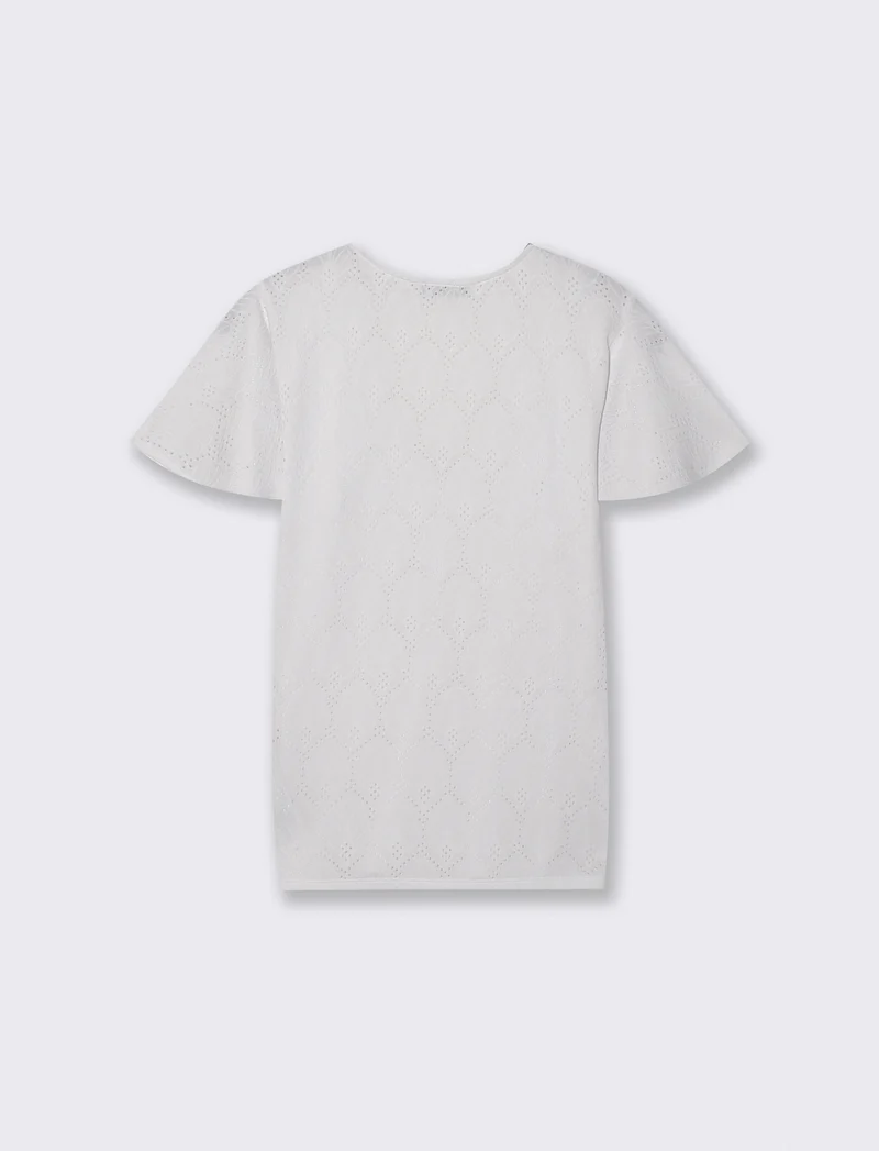 T-Shirt Scollo a V con Manica a Volant - Bianco