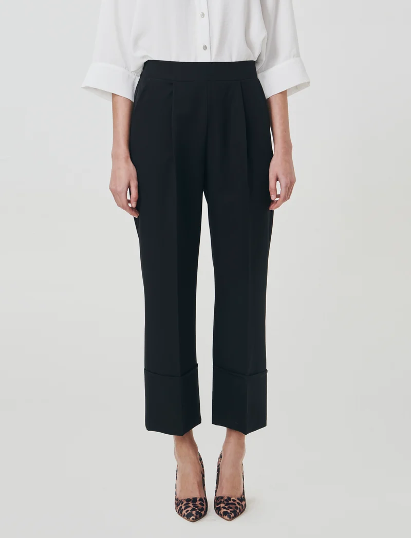 Pantalone Coulotte con Elastico e Risvolto - Nero
