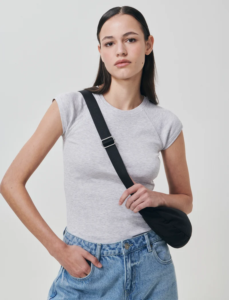T-shirt basica slim in cotone raglan - Grigio chiaro mel.