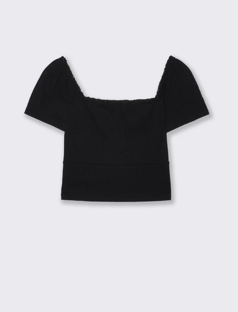 Top arricciato con manica corta slim - Nero
