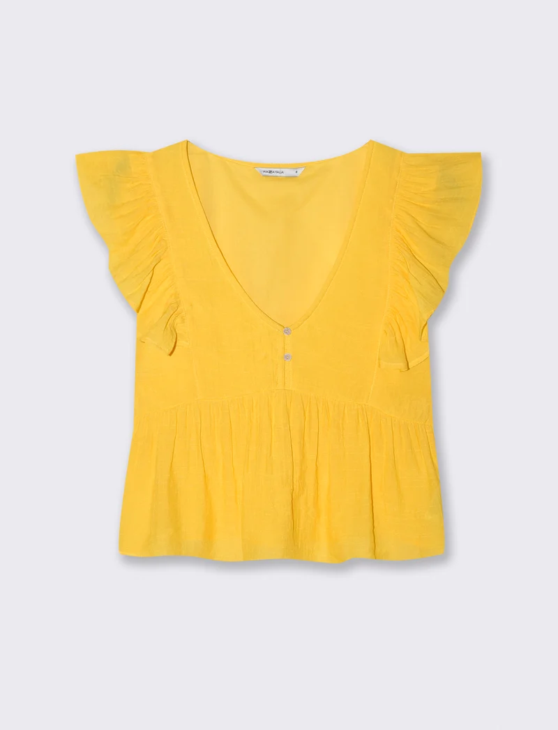 Top con Rouches e Scollo a V Sagomato - Giallo limone