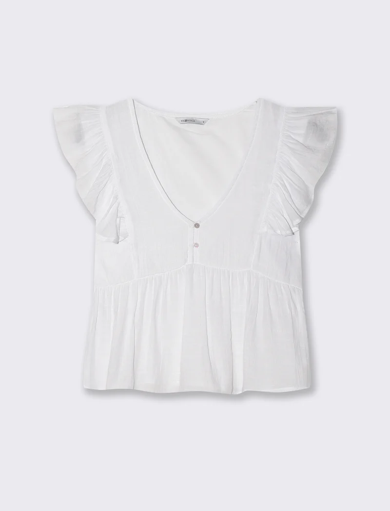 Top con Rouches e Scollo a V Sagomato - Bianco