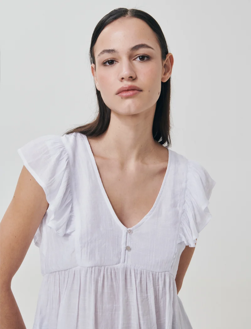 Top con Rouches e Scollo a V Sagomato - Bianco