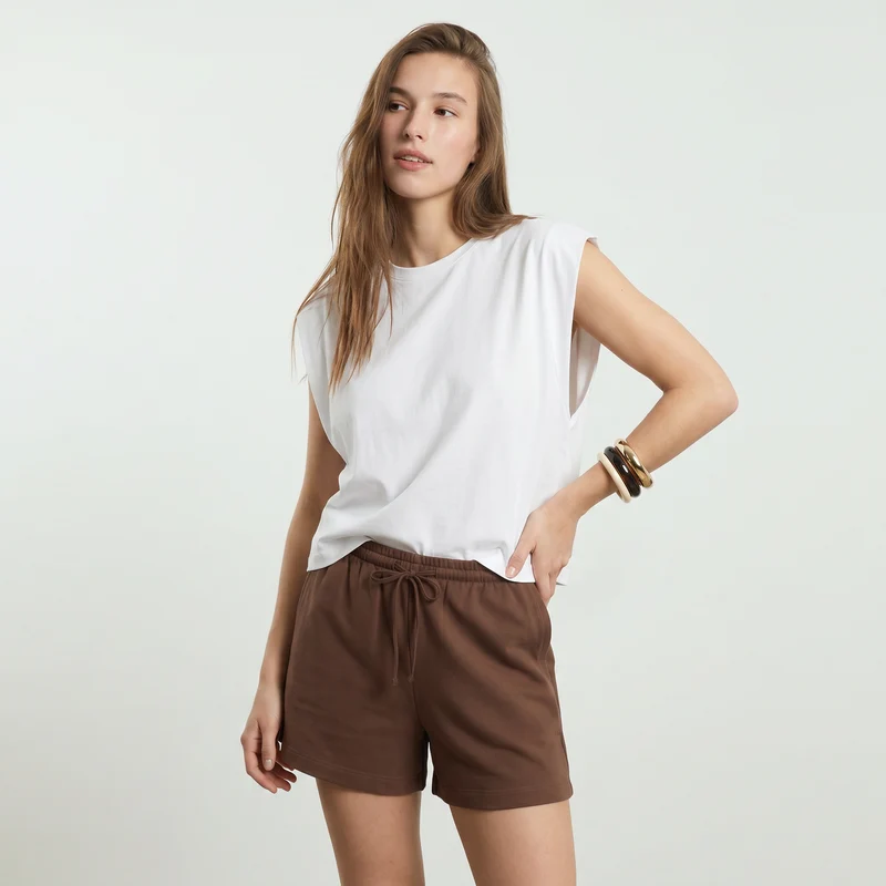 Short in cotone con coulisse e tasche - Marrone cioccolato