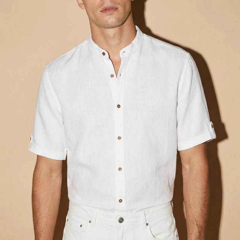 Camicia coreana manica corta in lino - Bianco