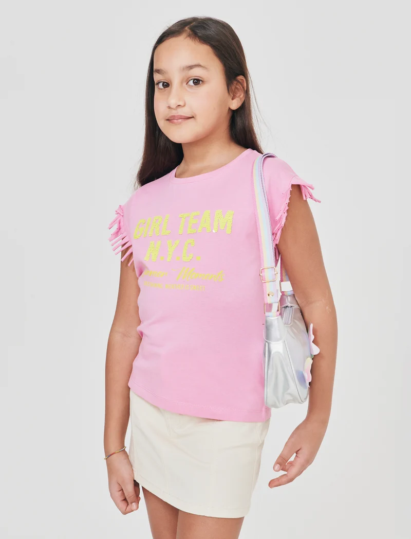 T-shirt con frange e paillettes da bambina - Rosa