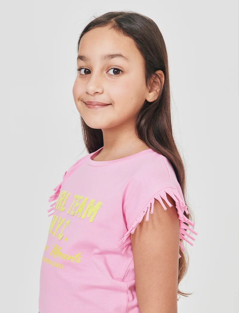 T-shirt con frange e paillettes da bambina - Rosa