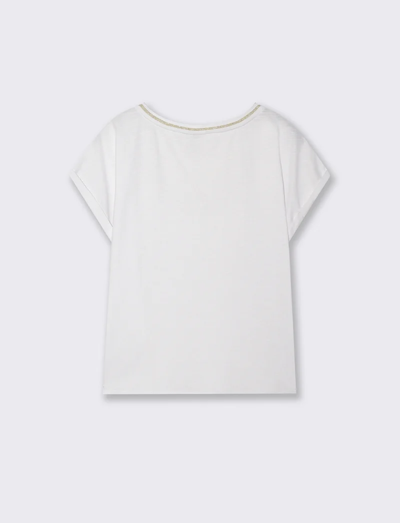 T-Shirt Scollo a V in Cotone Lurex - Bianco
