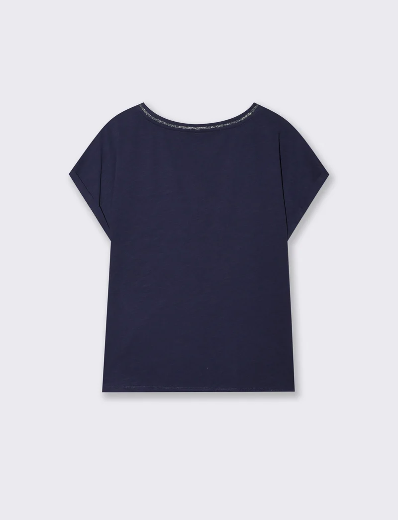 T-Shirt Scollo a V in Cotone Lurex - Blu