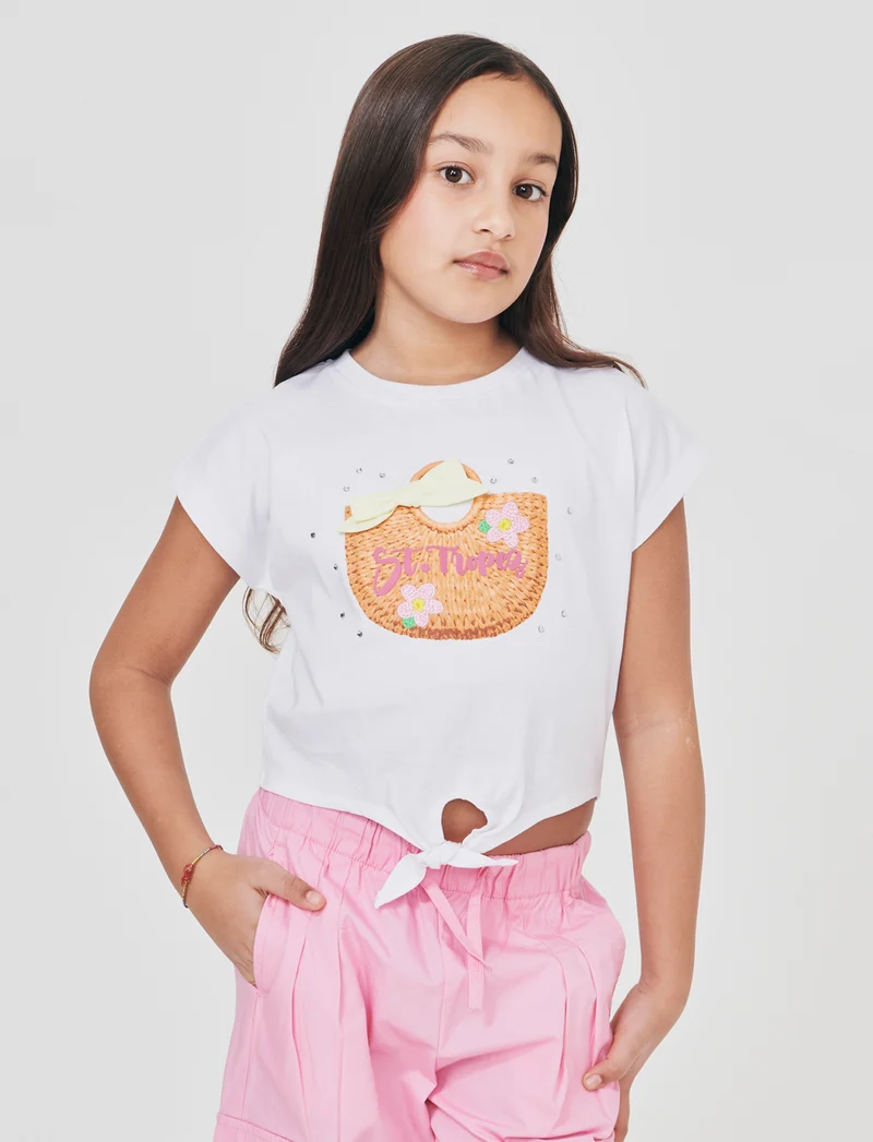T-shirt estiva in cotone con nodo e strass - Bianco