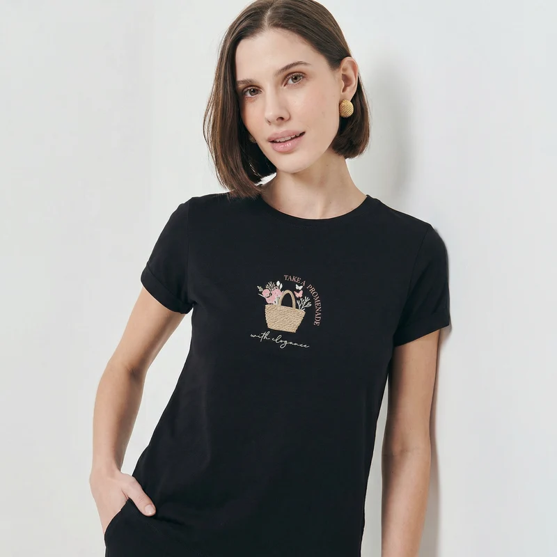 T-Shirt Manica Corta con Stampa - Nero