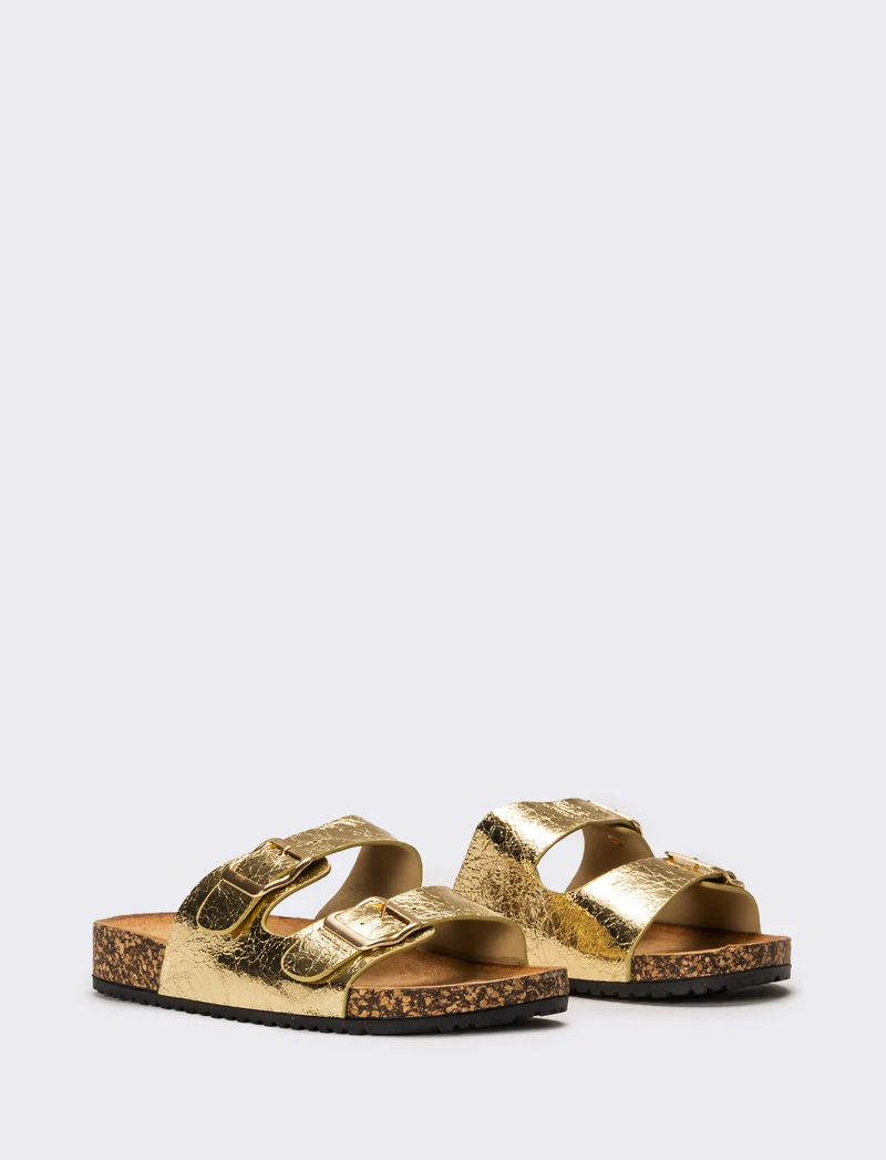 Sandalo laminato con doppia fibbia da donna - Oro