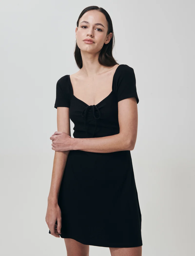 Vestito Corto a Coste con Manica Aletto - Nero