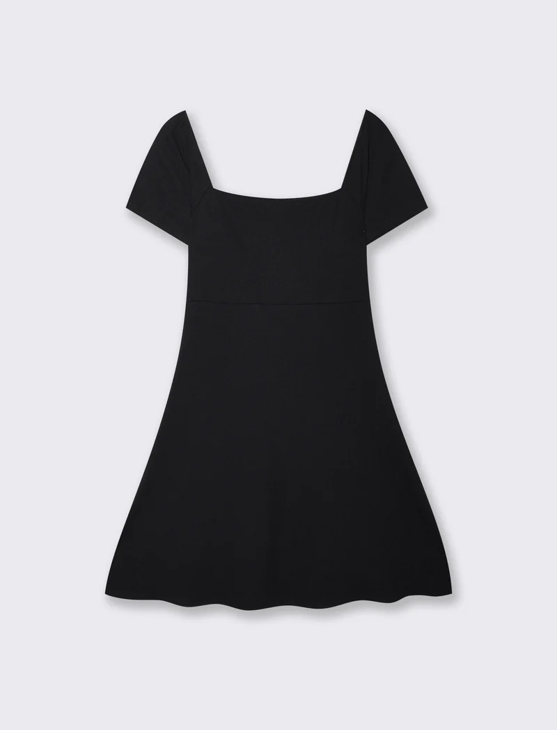 Vestito Corto a Coste con Manica Aletto - Nero