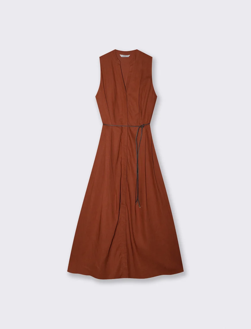 Vestito lungo giro manica con cintura - Cognac