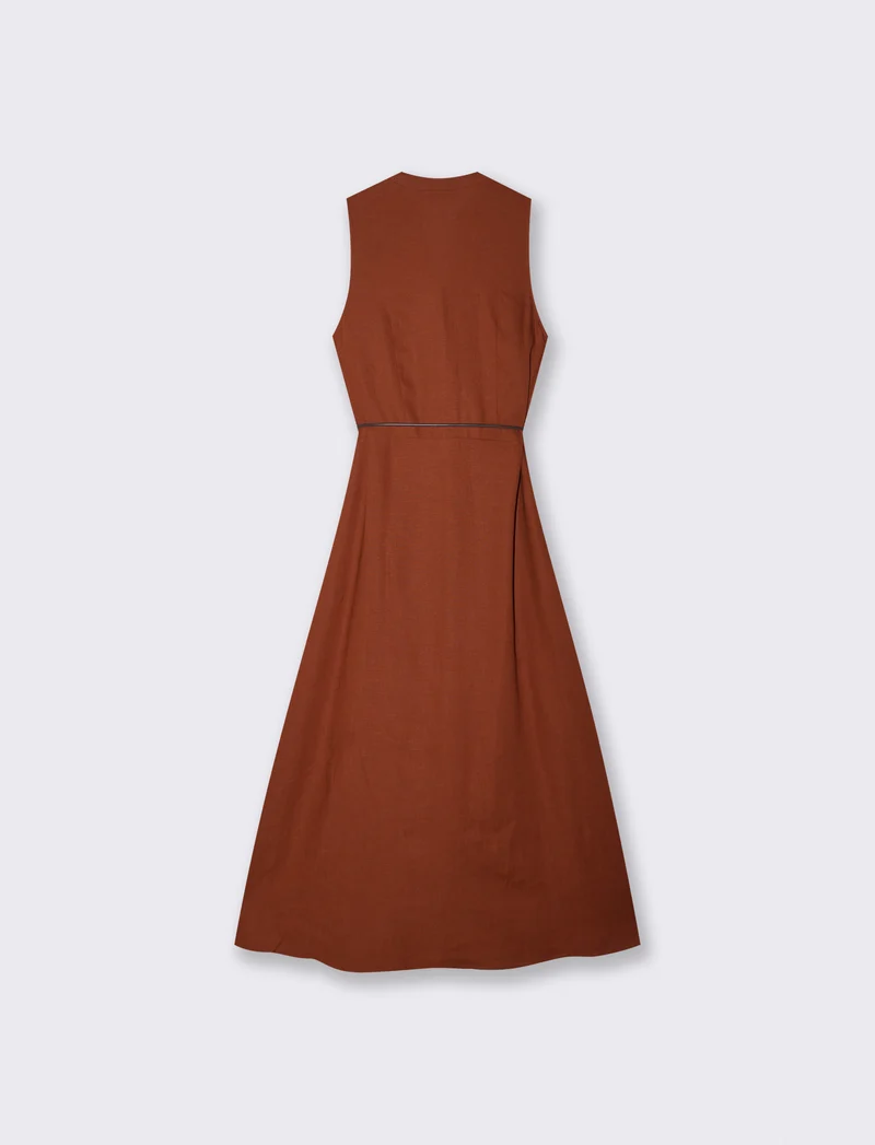 Vestito lungo giro manica con cintura - Cognac