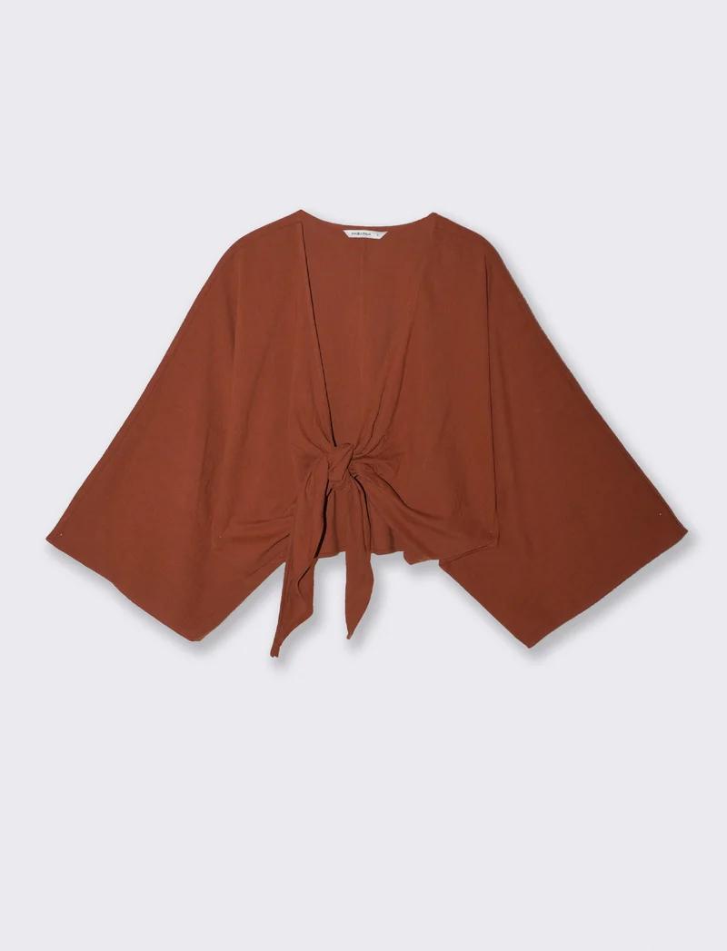 Casacca Kimono in Cotone con Nodo - Cognac