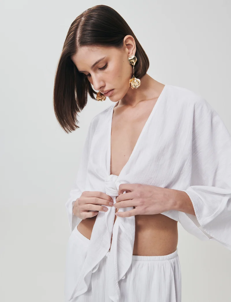 Casacca Kimono in Cotone con Nodo - Bianco