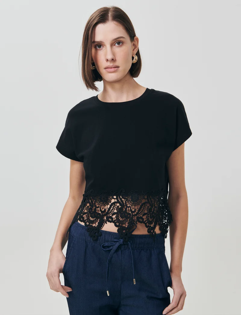 T-Shirt in Cotone con Pizzo al Fondo - Nero