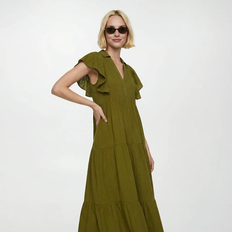Vestito lungo con scollo a V e balze - Verde abete