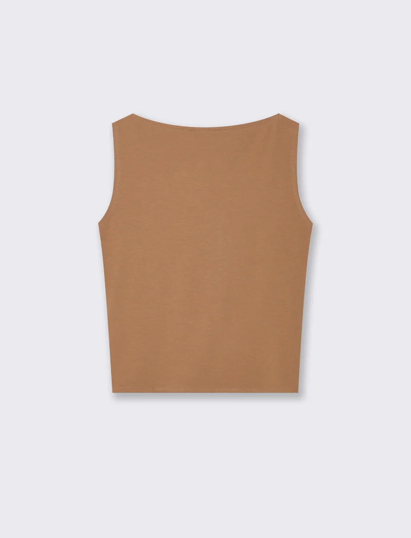 Top smanicato in cotone con scollo barca - Cammello