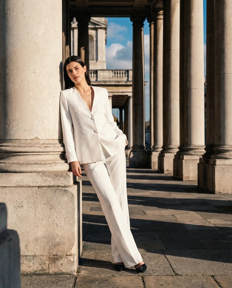 Giacca Monopetto con Scollo a V e Bottoni - Bianco latte