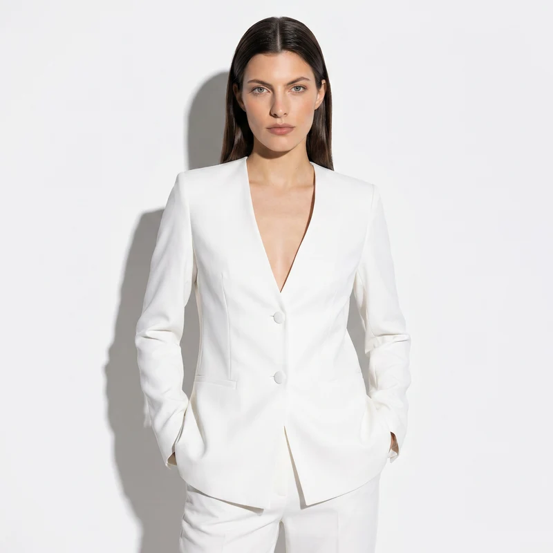 Giacca Monopetto con Scollo a V e Bottoni - Bianco latte