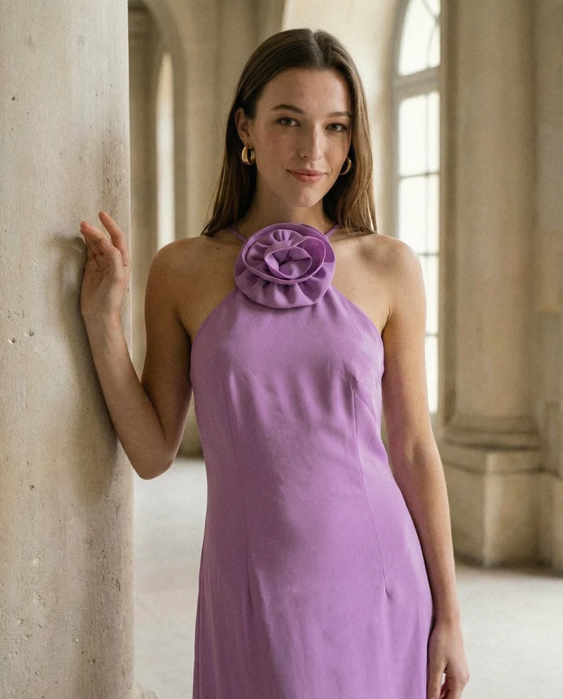 Vestito lungo con spalline e fiore decorativo - Viola orchidea