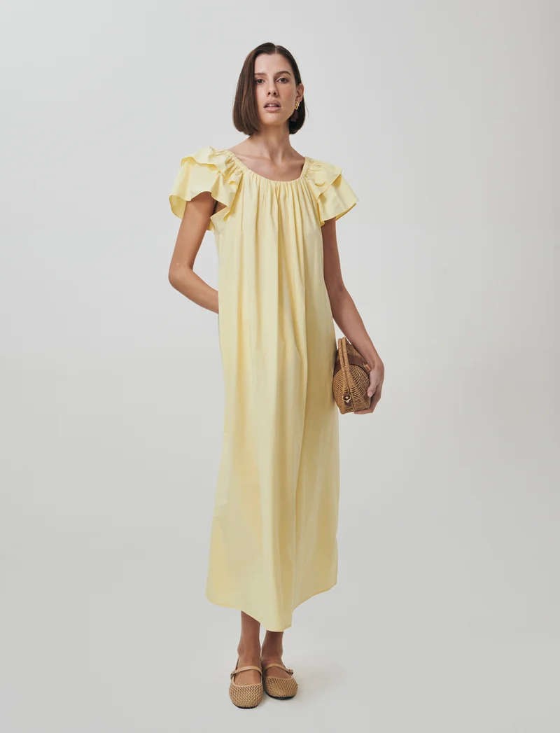 Vestito lungo svasato con scollo quadrato - Giallo pastello