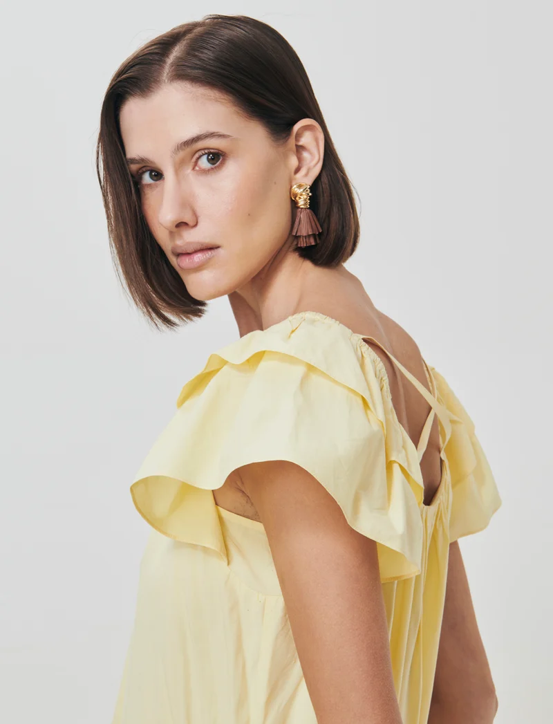 Vestito lungo svasato con scollo quadrato - Giallo pastello