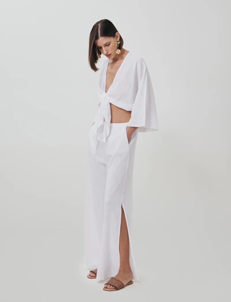 Pantalone Gamba Larga con Spacchi Laterali - Bianco