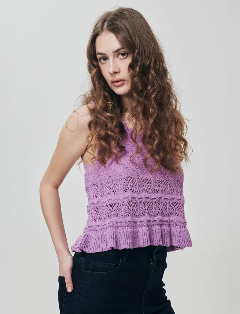 Top in Crochet con Fondo Effetto Balza - Viola malva