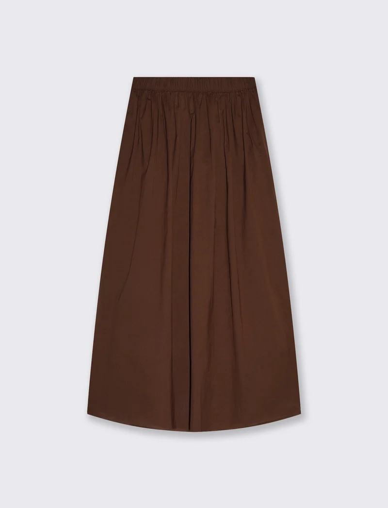 Gonna lunga in cotone con vita arricciata - Marrone cioccolato