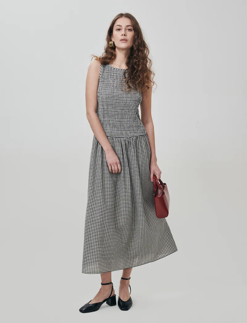 Vestito Smanicato in Stampa Vichy - Nero