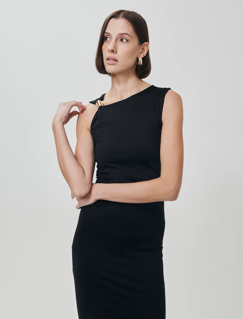 Vestito lungo asimmetrico con gioiello - Nero