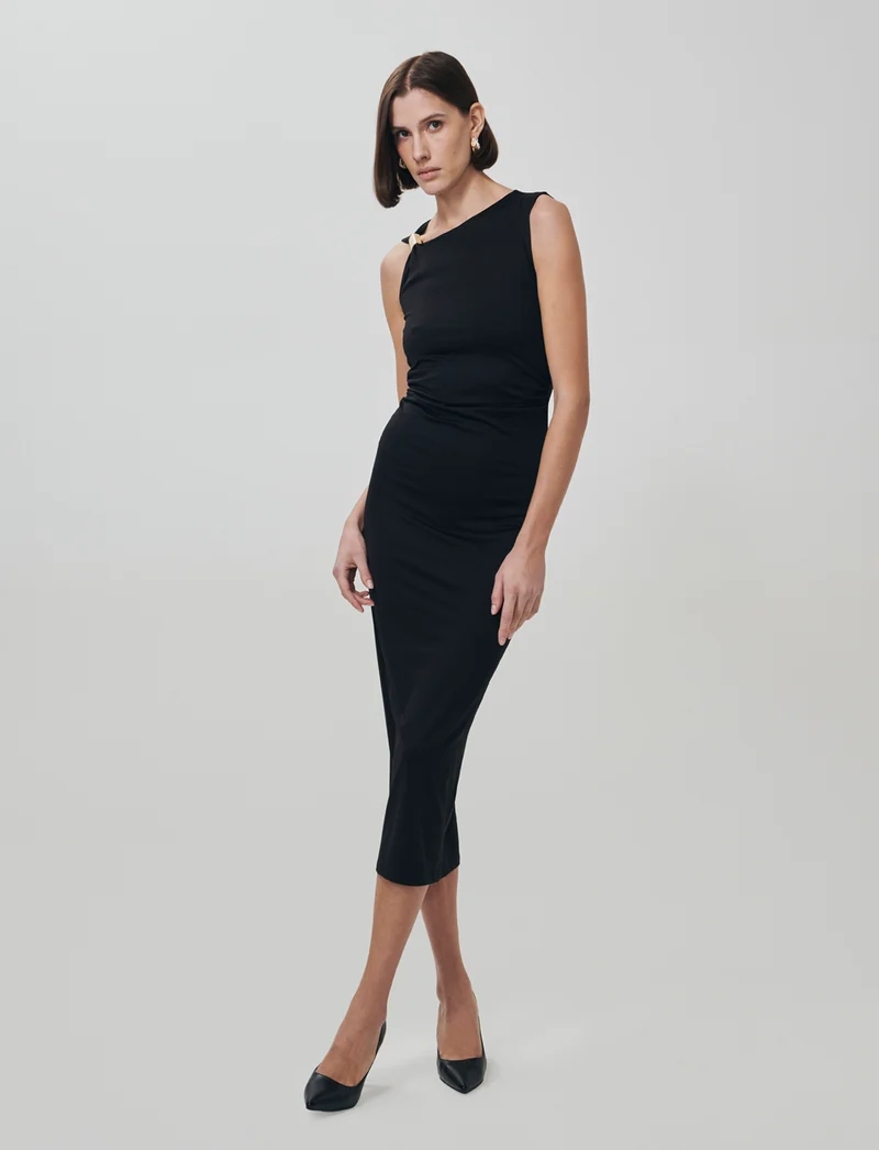 Vestito lungo asimmetrico con gioiello - Nero
