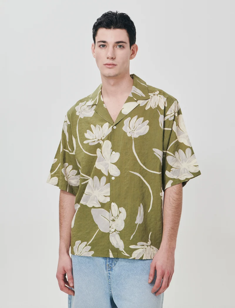 Camicia boxy fit in misto cotone slub - Verde