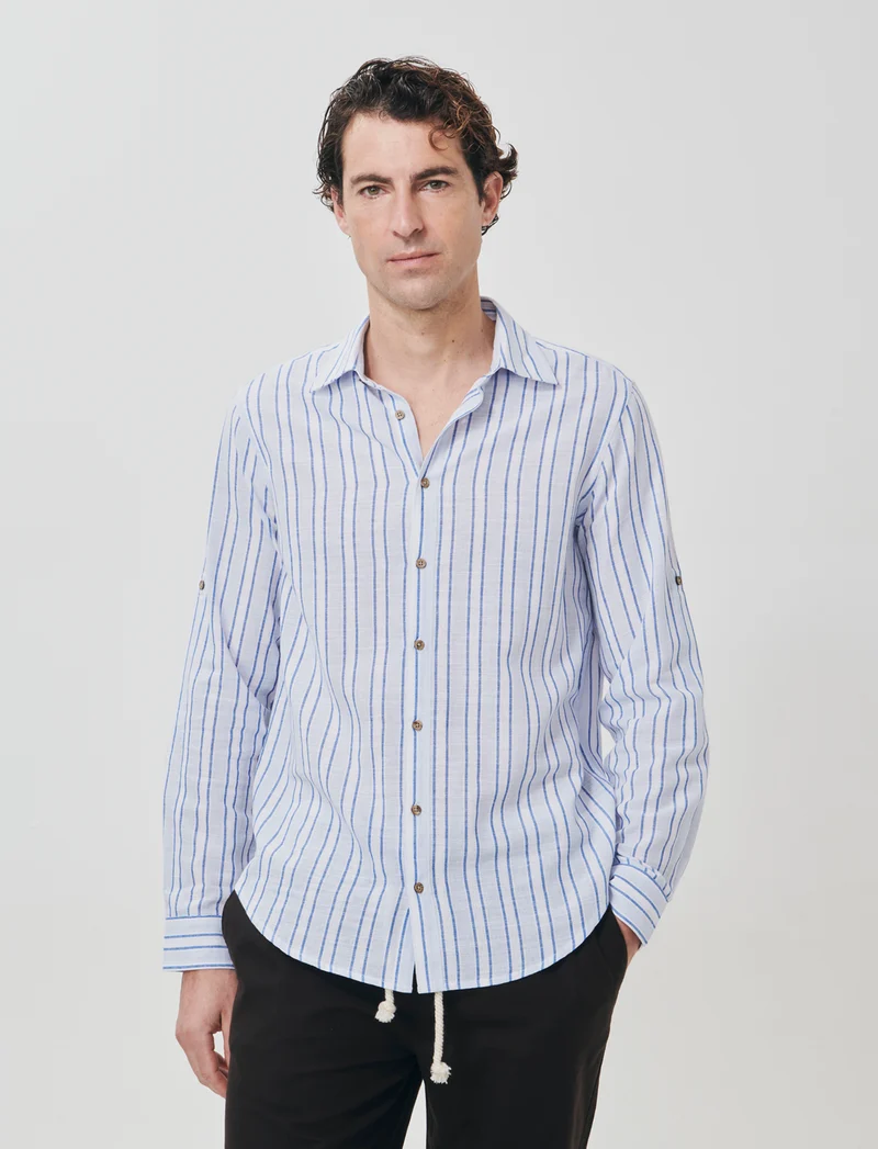 Camicia a righe regular fit in cotone - Celeste polvere