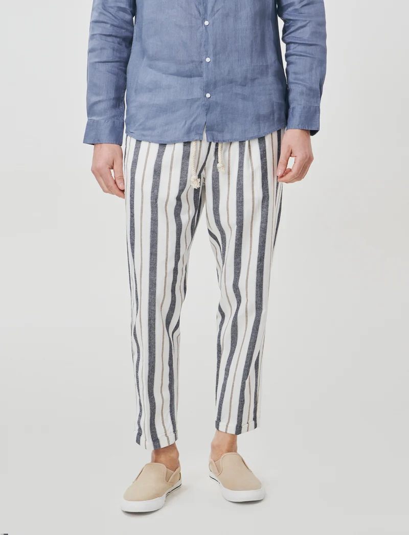 Pantaloni jogger a righe in misto lino - Blu