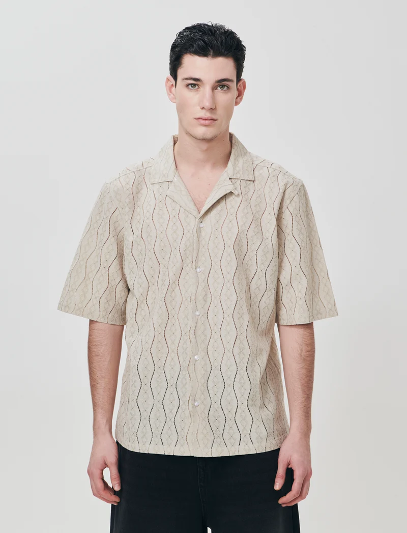 Camicia boxy fit in jacquard di cotone - Beige