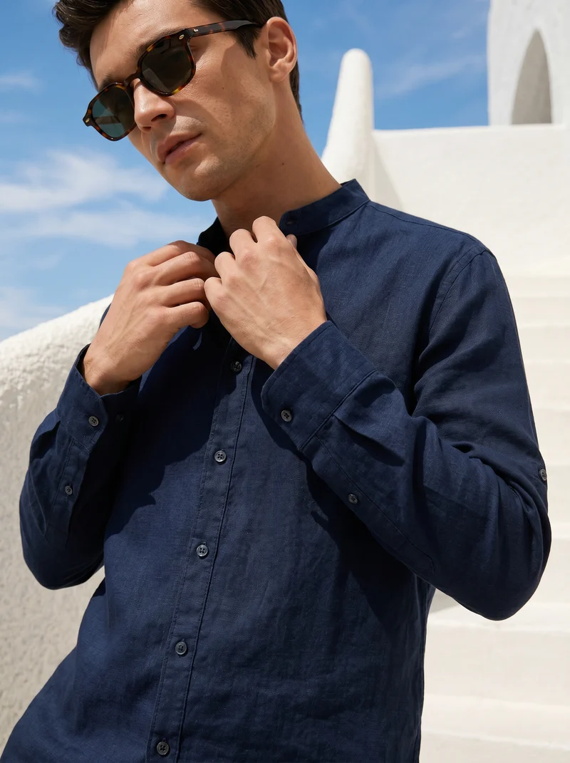 Camicia coreana in puro lino leggero - Blu