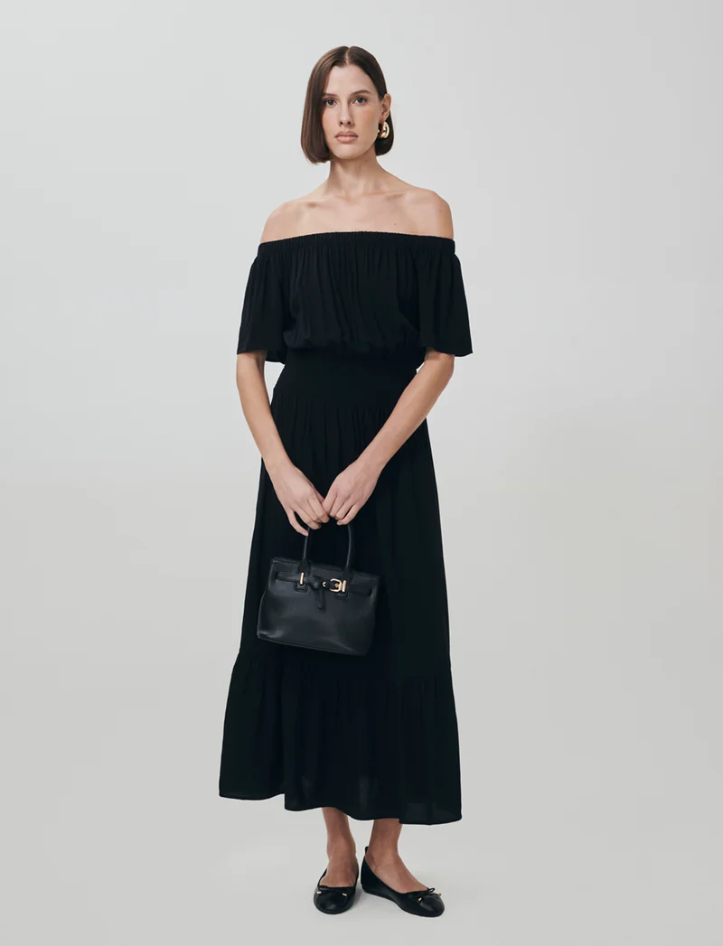 Vestito lungo off shoulder con arricciature - Nero