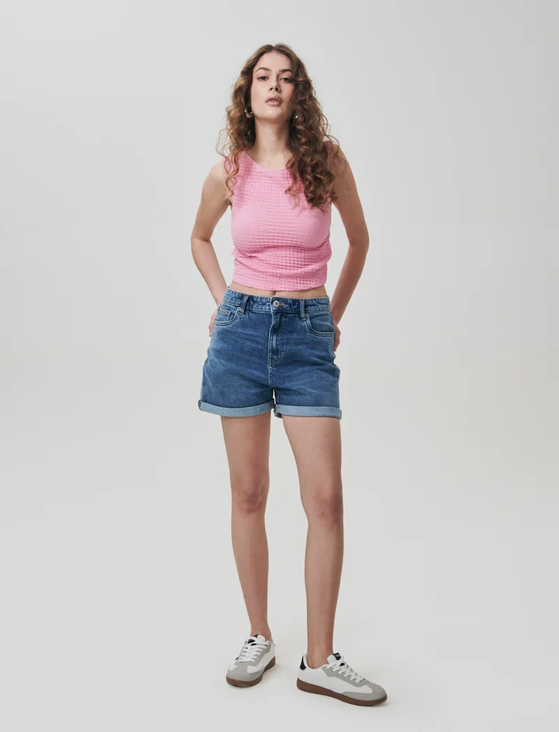 Short vita con bottoni e risvolto - Denim