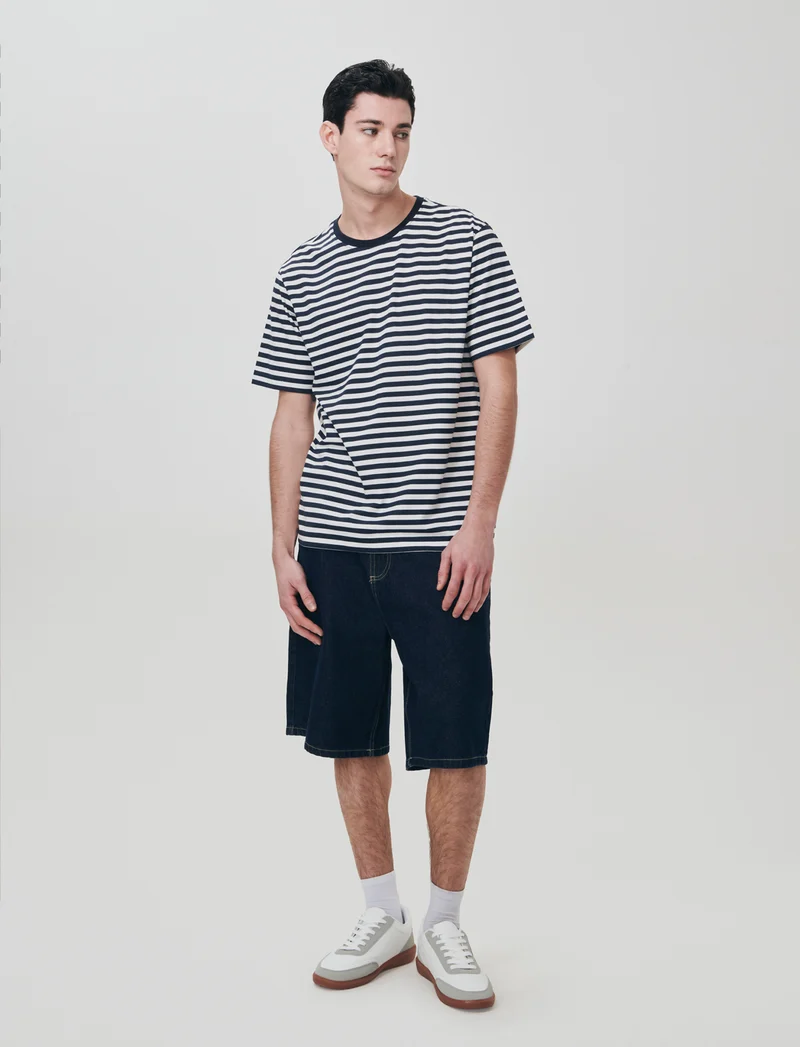 T-shirt girocollo a righe in jersey - Blu