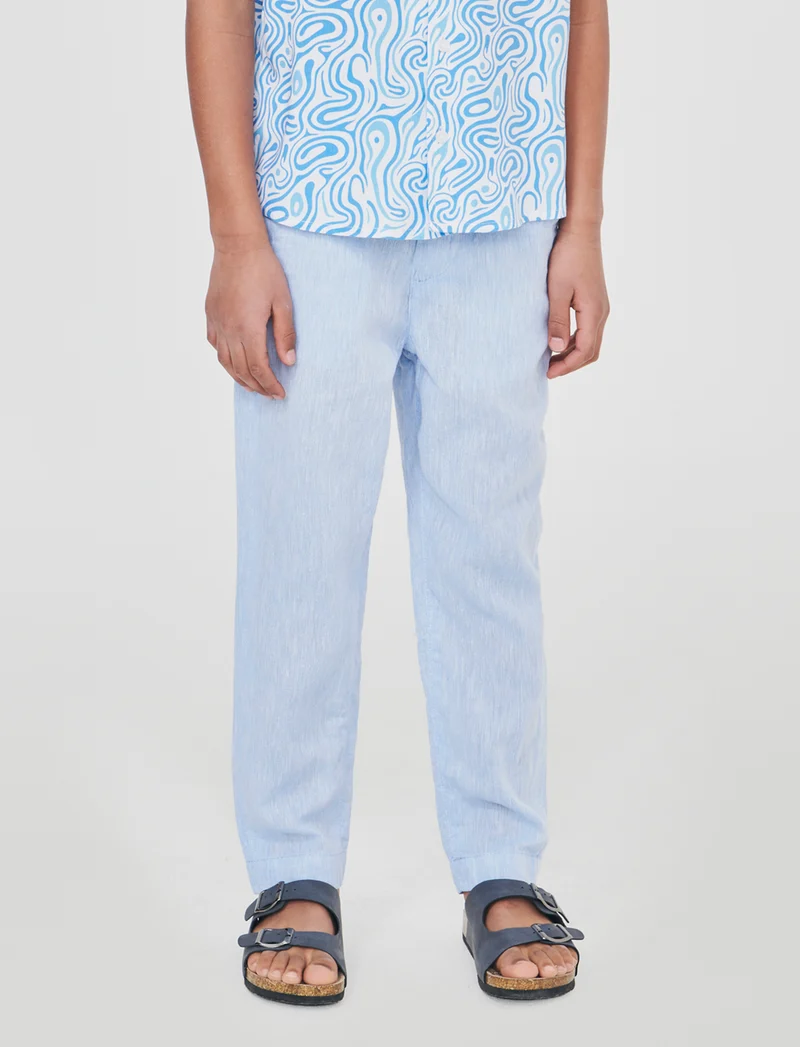 Pantaloni in lino con elastico e lacci - Celeste